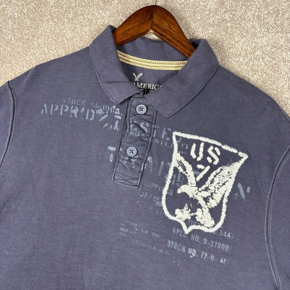 American Eagle Mens XXL Polo Shirt Blue Distressed Eagle Graphic Military US 77